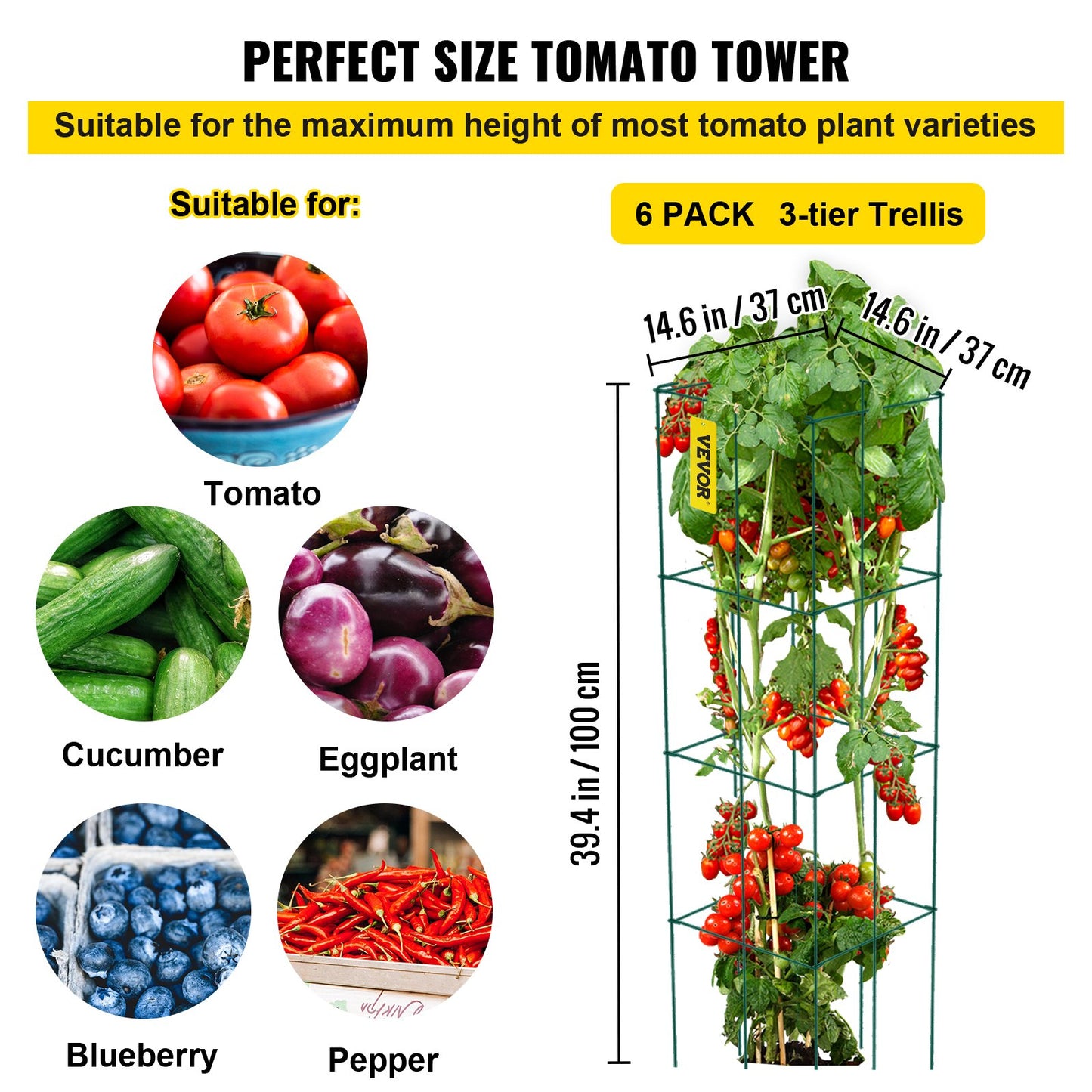 Tomatburar, 34 x 34 x 91 cm, 6-pack fyrkantiga växtstödburar, gröna PVC-belagda tomattorn i stål för klättergrönsaker, växter, blommor och frukter