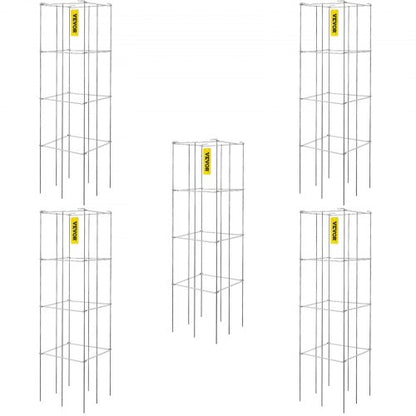Tomatburar, 28 x 28 x 122 cm, 5-pack fyrkantiga växtstödburar, silverfärgade PVC-belagda tomattorn i stål för klättergrönsaker, växter, blommor och frukter