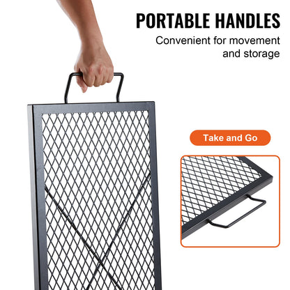 X-Marks Fire Pit Grill Grate, Rectangle Cooking Grate, Heavy Duty Steel Campfire BBQ Grill Grid with Handle & Support X Wire, Portable Camping Cookware for Outside Party Gathering, 32 Inch Black