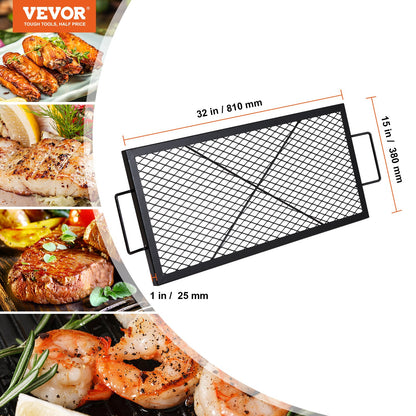 X-Marks Fire Pit Grill Grate, Rectangle Cooking Grate, Heavy Duty Steel Campfire BBQ Grill Grid with Handle & Support X Wire, Portable Camping Cookware for Outside Party Gathering, 32 Inch Black