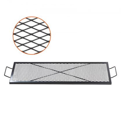 X-Marks Fire Pit Grill Grate, Rectangle Cooking Grate, Heavy Duty Steel Campfire BBQ Grill Grid with Handle & Support X Wire, Portable Camping Cookware for Outside Party Gathering, 44 Inch Black