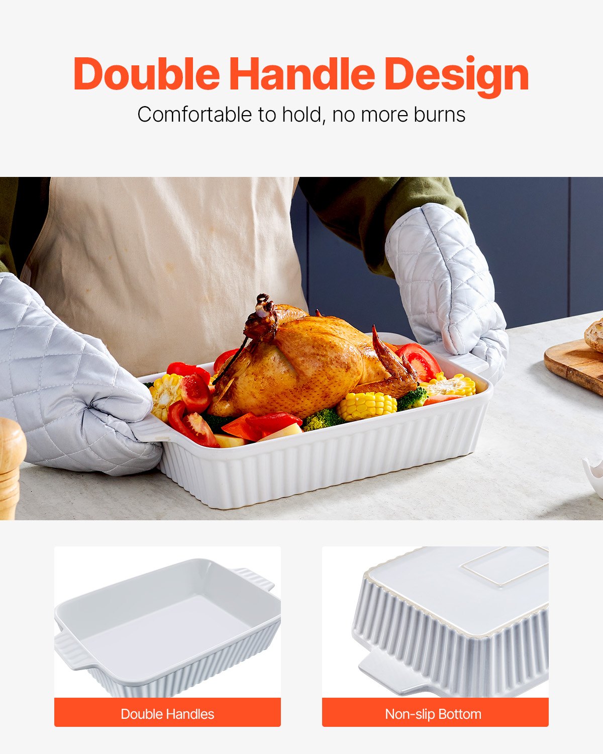 Keramisk bakform, stor 23 x 33 cm form, rektangulär bakform med dubbla handtag, ugnssäker, lasagneform, gryta djup för bakning och servering, Thanksgiving och julklapp, vit