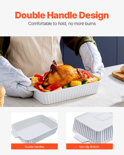 Keramisk bakform, stor 23 x 33 cm form, rektangulär bakform med dubbla handtag, ugnssäker, lasagneform, gryta djup för bakning och servering, Thanksgiving och julklapp, vit