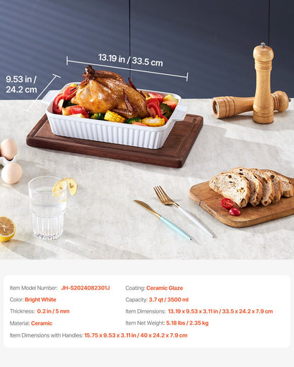 Keramisk bakform, stor 23 x 33 cm form, rektangulär bakform med dubbla handtag, ugnssäker, lasagneform, gryta djup för bakning och servering, Thanksgiving och julklapp, vit