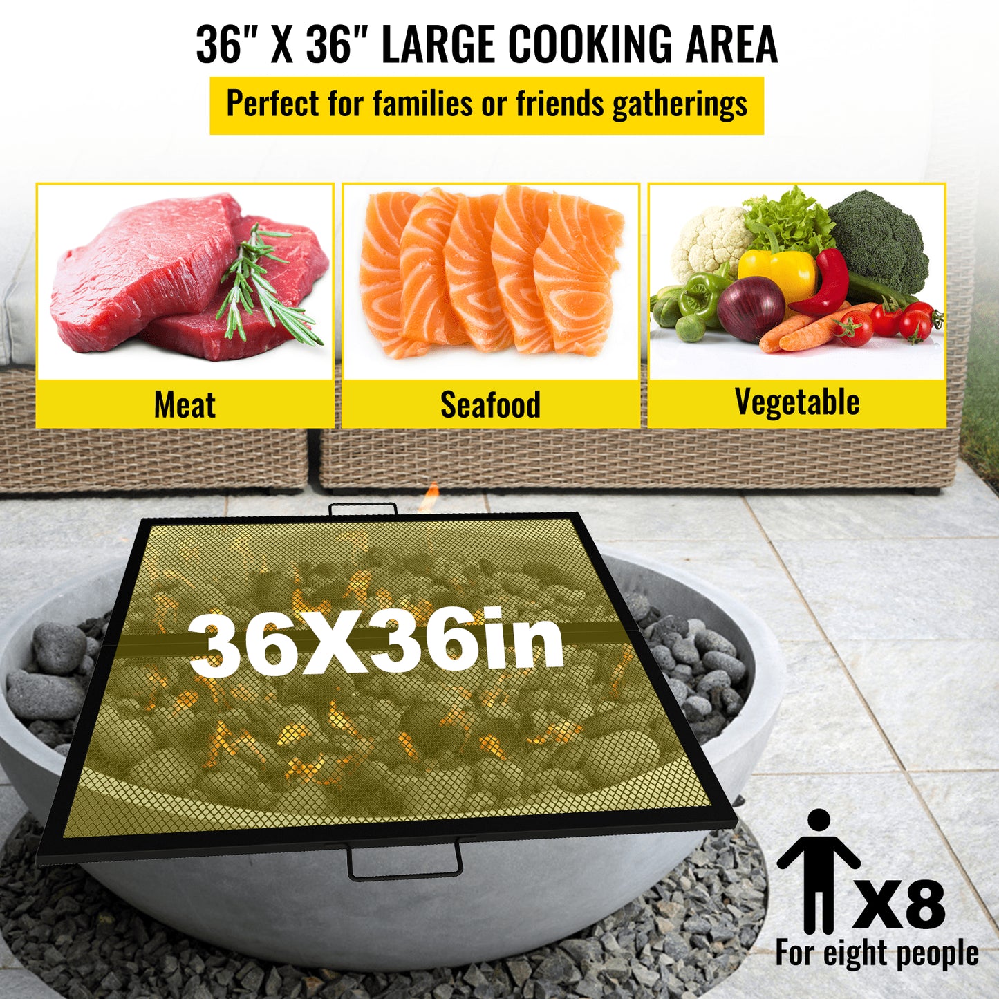 Fire Pit Cooking Grate 36 Inch, Foldable Square Cooking Grill Grates, Heavy Duty X-Marks BBQ Grill with Portable Handle & Solid Steel for Outdoor Campfire Party & Gathering