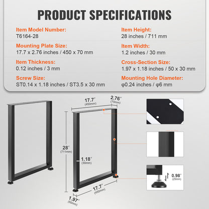 711.2MM Adjustable Furniture Legs, Square Reinforced Steel Office Table legs Set of 2 for DIY, Max Load 453.6KG Heavy Duty Desk Legs, Quick Instalation & Rich Accessories Legs Black