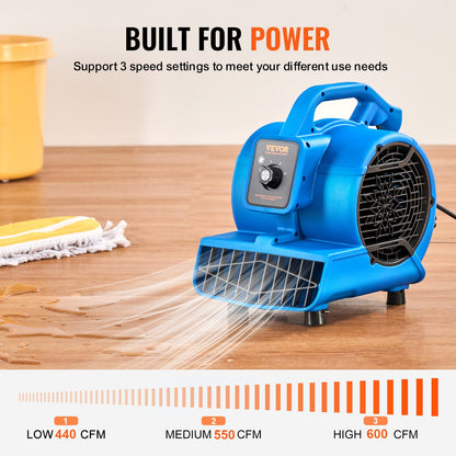 Floor Blower, 1360 RPM 600 CFM, Air Mover for Drying and Cooling, Portable Carpet Dryer Fan with 4 Blowing Angles,3-Speeds Adjustment, for Janitorial, Home, Plumbing, Commercial Use