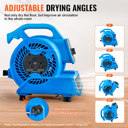 Floor Blower, 1360 RPM 600 CFM, Air Mover for Drying and Cooling, Portable Carpet Dryer Fan with 4 Blowing Angles,3-Speeds Adjustment, for Janitorial, Home, Plumbing, Commercial Use