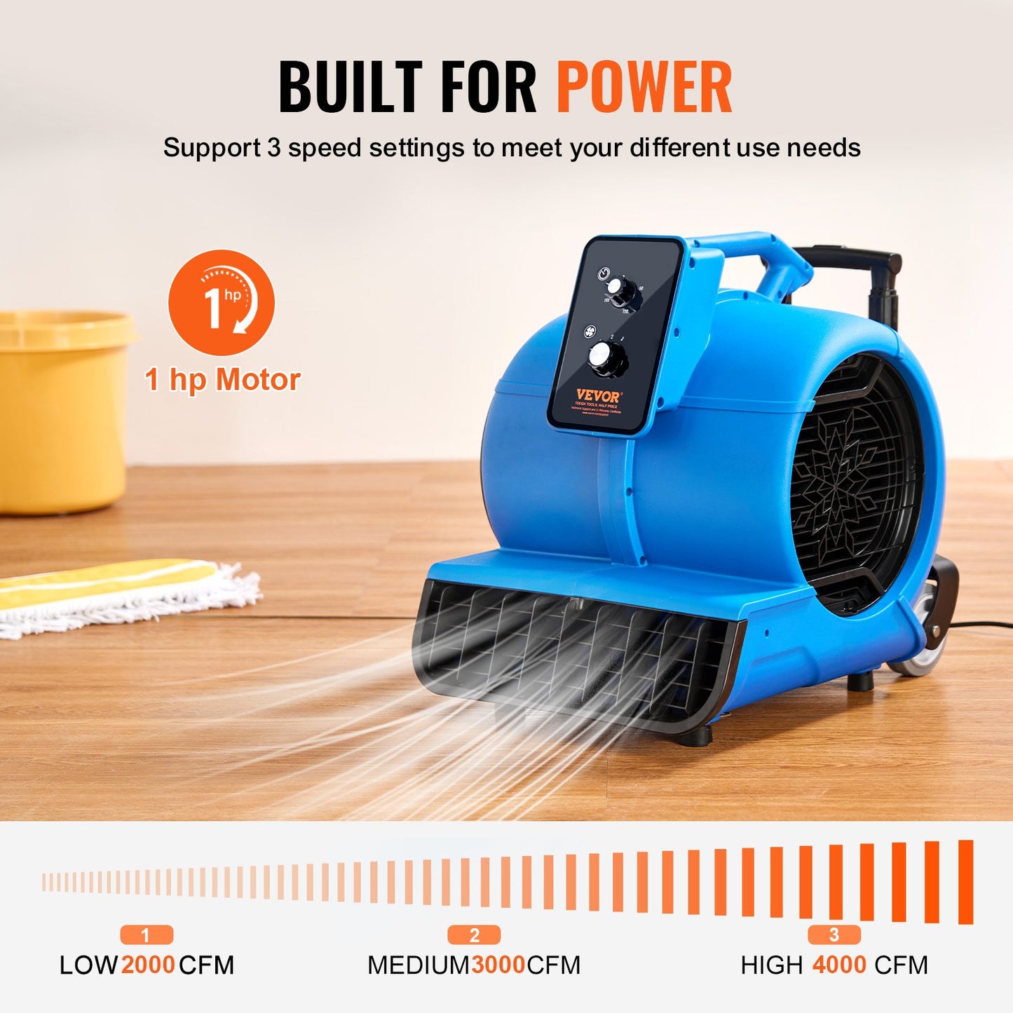 Floor Blower, 1400 RPM 4000 CFM, Air Mover for Drying and Cooling, Portable Carpet Dryer Fan with 3 Blowing Angles, Timer, 3-Speeds Adjustment, for Janitorial, Home, Commercial Use