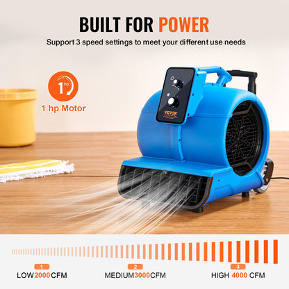 Floor Blower, 1400 RPM 4000 CFM, Air Mover for Drying and Cooling, Portable Carpet Dryer Fan with 3 Blowing Angles, Timer, 3-Speeds Adjustment, for Janitorial, Home, Commercial Use