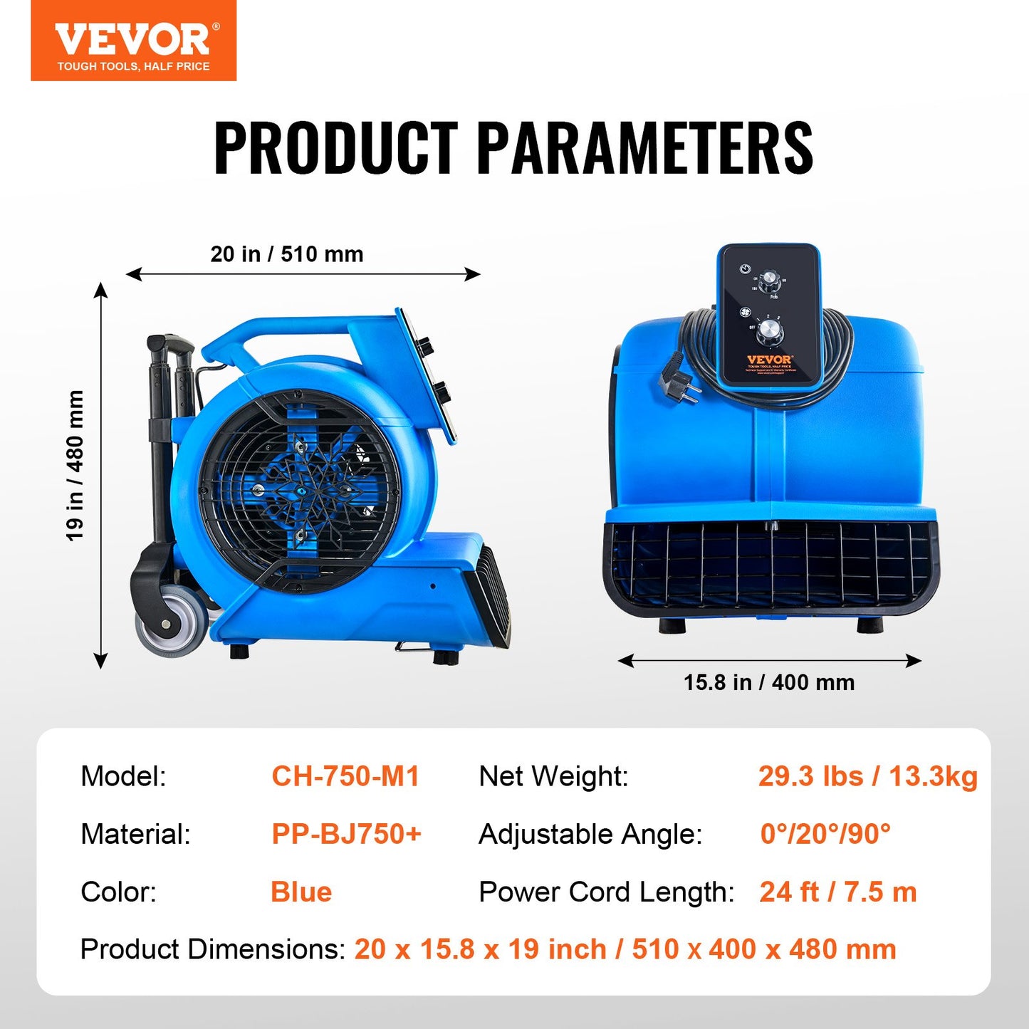 Floor Blower, 1400 RPM 4000 CFM, Air Mover for Drying and Cooling, Portable Carpet Dryer Fan with 3 Blowing Angles, Timer, 3-Speeds Adjustment, for Janitorial, Home, Commercial Use