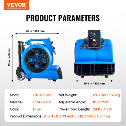 Floor Blower, 1400 RPM 4000 CFM, Air Mover for Drying and Cooling, Portable Carpet Dryer Fan with 3 Blowing Angles, Timer, 3-Speeds Adjustment, for Janitorial, Home, Commercial Use