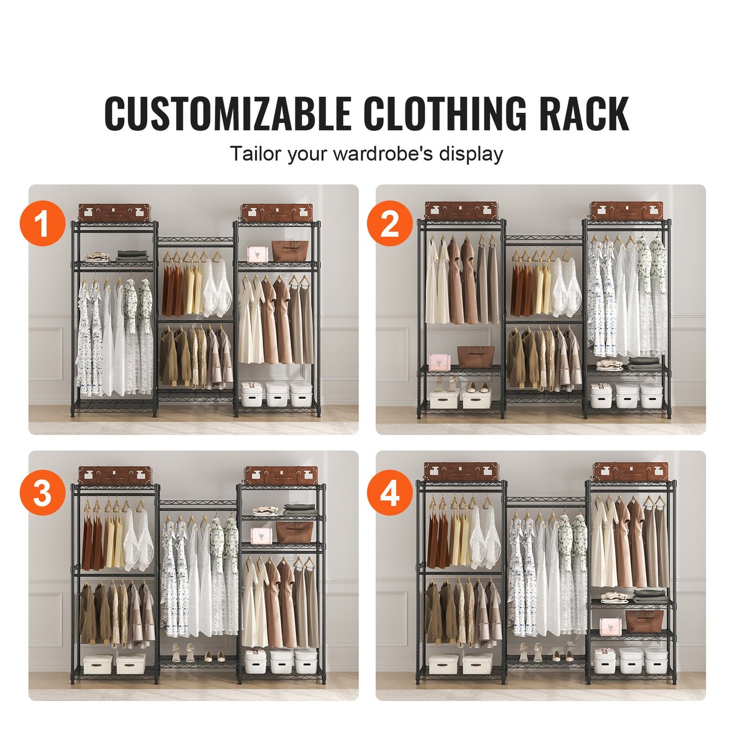 Heavy Duty Clothes Rack, Rolling Clothing Garment Rack with 4 Hang Rods & 8 Storage Tiers, Adjustable Custom Closet Rack, Freestanding Wardrobe for Hanging Clothes, 362.9kg Load Capacity