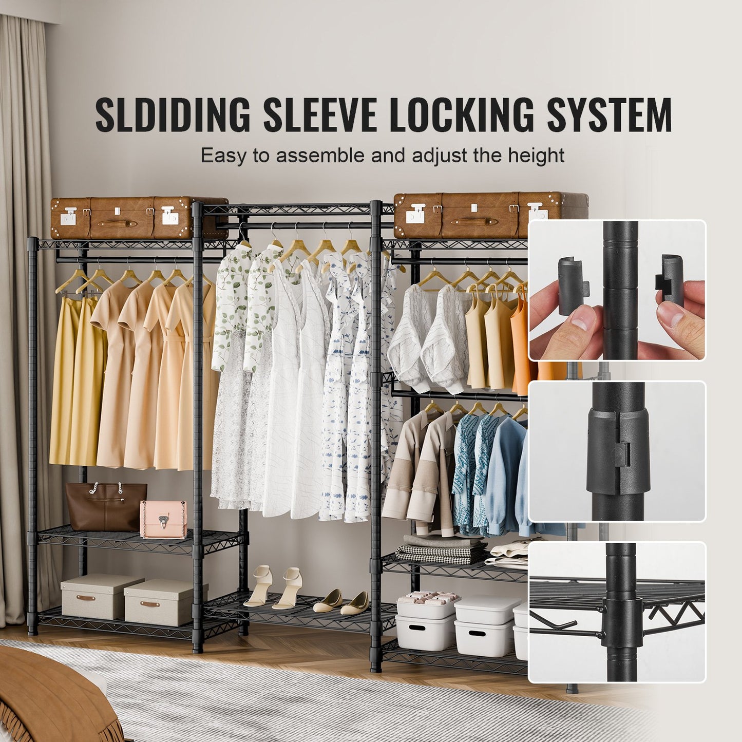 Heavy Duty Clothes Rack, Rolling Clothing Garment Rack with 4 Hang Rods & 8 Storage Tiers, Adjustable Custom Closet Rack, Freestanding Wardrobe for Hanging Clothes, 362.9kg Load Capacity