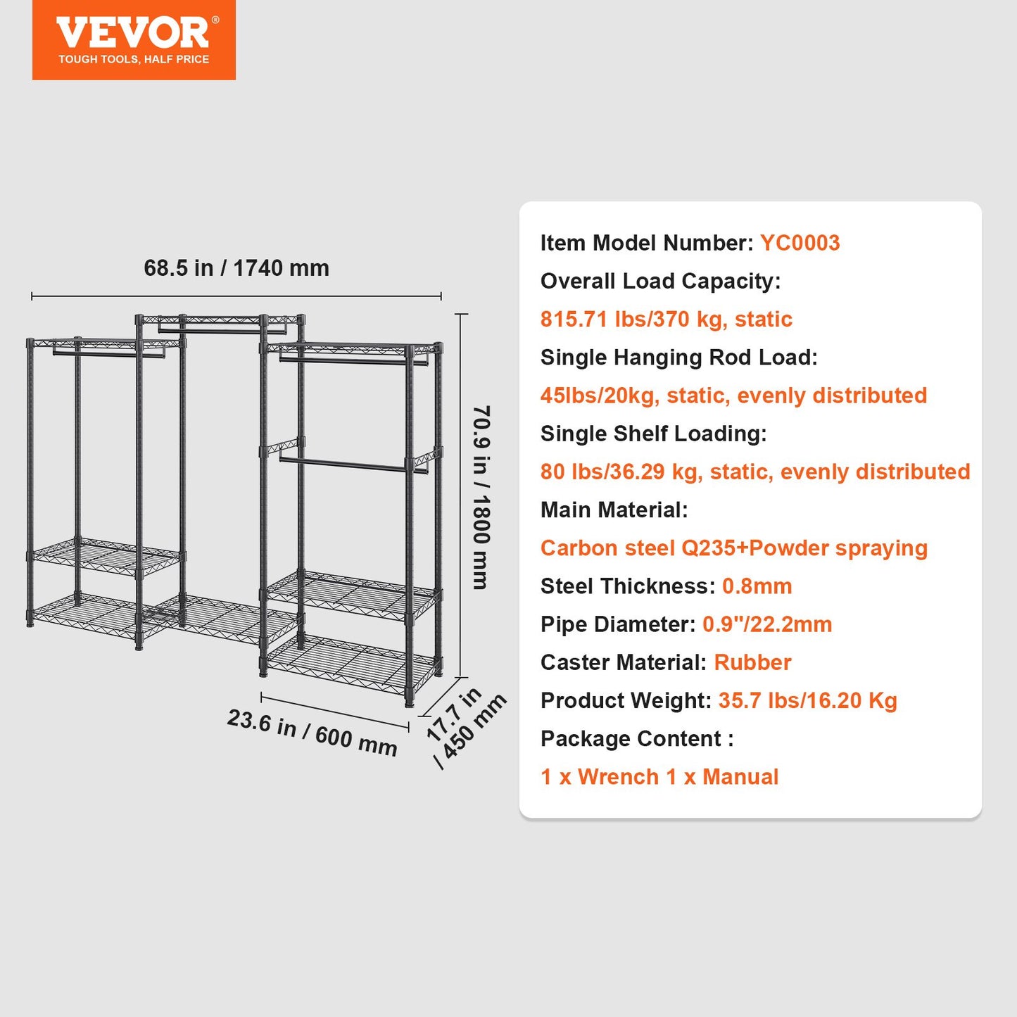 Heavy Duty Clothes Rack, Rolling Clothing Garment Rack with 4 Hang Rods & 8 Storage Tiers, Adjustable Custom Closet Rack, Freestanding Wardrobe for Hanging Clothes, 362.9kg Load Capacity