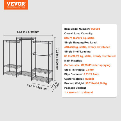 Heavy Duty Clothes Rack, Rolling Clothing Garment Rack with 4 Hang Rods & 8 Storage Tiers, Adjustable Custom Closet Rack, Freestanding Wardrobe for Hanging Clothes, 362.9kg Load Capacity