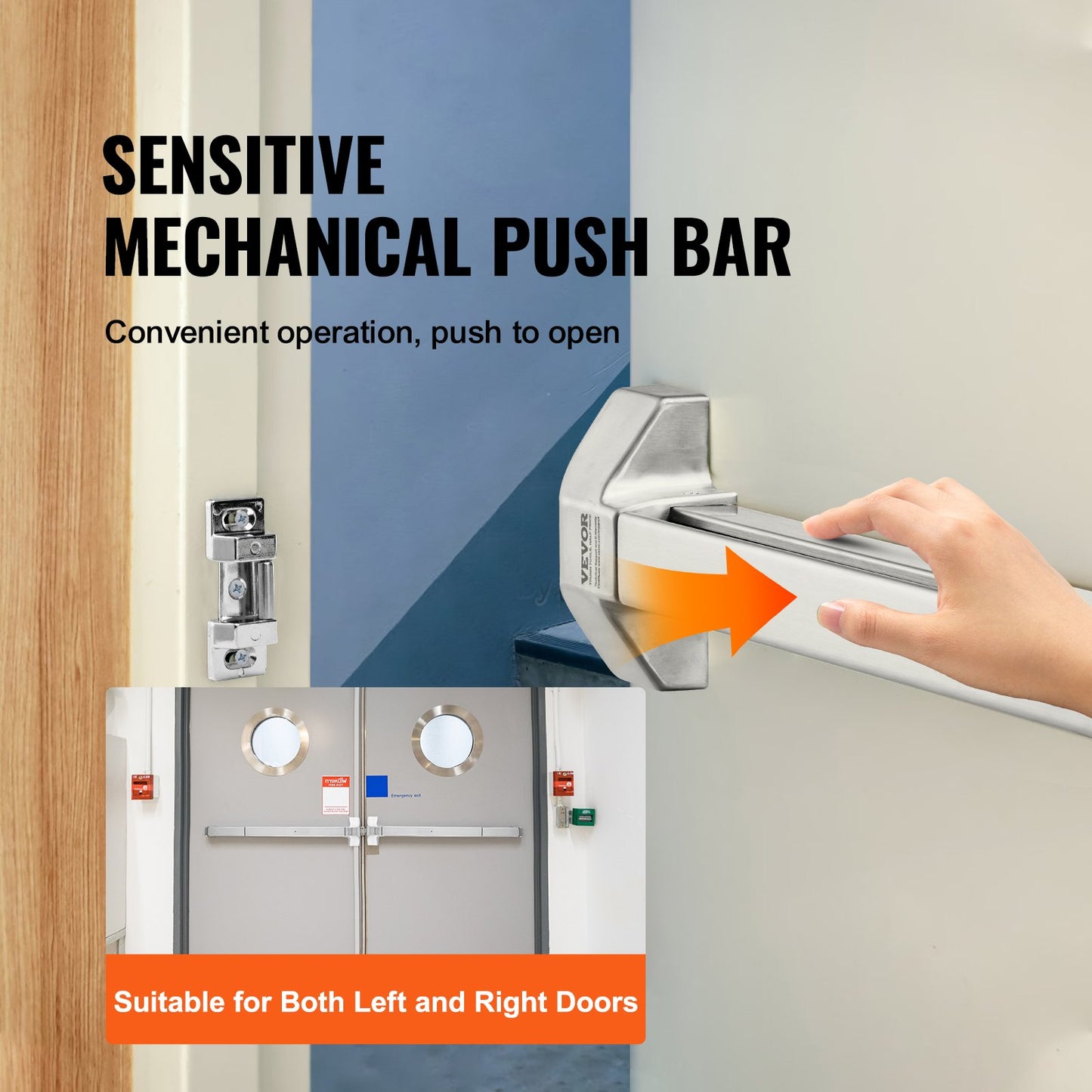 Dörrlås med tryckstång, panikstänger i rostfritt stål för utgångsdörrar, med utvändig spak och 3 nycklar, panikbeslag för utgång med tryckstång för metalldörr, för vänster- och högerhängda dörrar