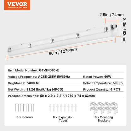 1270 mm / 4 fot LED-ångtät belysning, 60 W, 7400 LM ångtät belysningsarmatur med 5000 K IP65 vattentäthet, för utomhusmiljöer, halvutomhusmiljöer, kalla miljöer, parkeringsplats, lager, frys, biltvätt, 4-pack