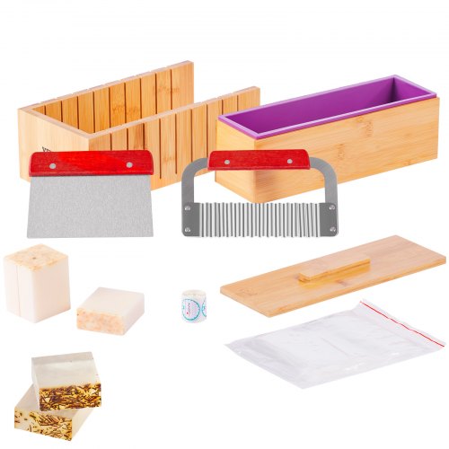 Soap Making Kit, Bamboo Cutting Box and Inner Box with Silicone Mold, Stainless Steel Straight Cutter and Wavy Cutter, 100 Bags and 105 Stickers, Soap Making Supplies DIY Kits for Adults