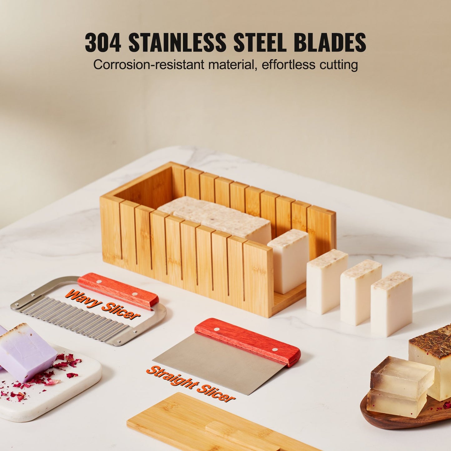 Soap Making Kit, Bamboo Cutting Box and Inner Box with Silicone Mold, Stainless Steel Straight Cutter and Wavy Cutter, 100 Bags and 105 Stickers, Soap Making Supplies DIY Kits for Adults