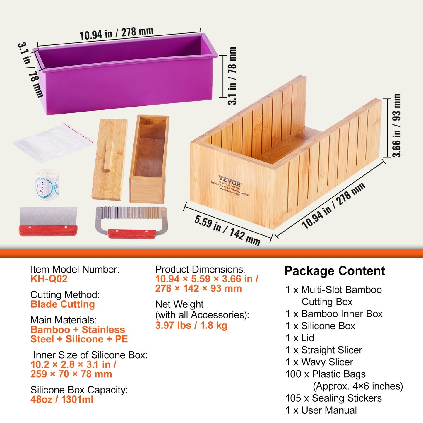 Soap Making Kit, Bamboo Cutting Box and Inner Box with Silicone Mold, Stainless Steel Straight Cutter and Wavy Cutter, 100 Bags and 105 Stickers, Soap Making Supplies DIY Kits for Adults