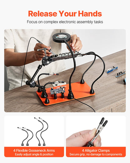 Magnetisk lödstation för hjälpande händer, lödverktyg för tredje hand med 3X LED-förstoringslampa, 4 kretskortshållare och 360 varmluftspistolhållare, kraftig basstation för elektronikreparation, hantverk och hobby