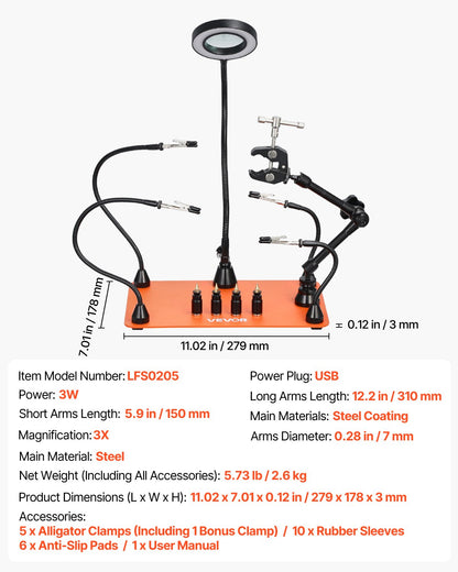 Magnetisk lödstation för hjälpande händer, lödverktyg för tredje hand med 3X LED-förstoringslampa, 4 kretskortshållare och 360 varmluftspistolhållare, kraftig basstation för elektronikreparation, hantverk och hobby