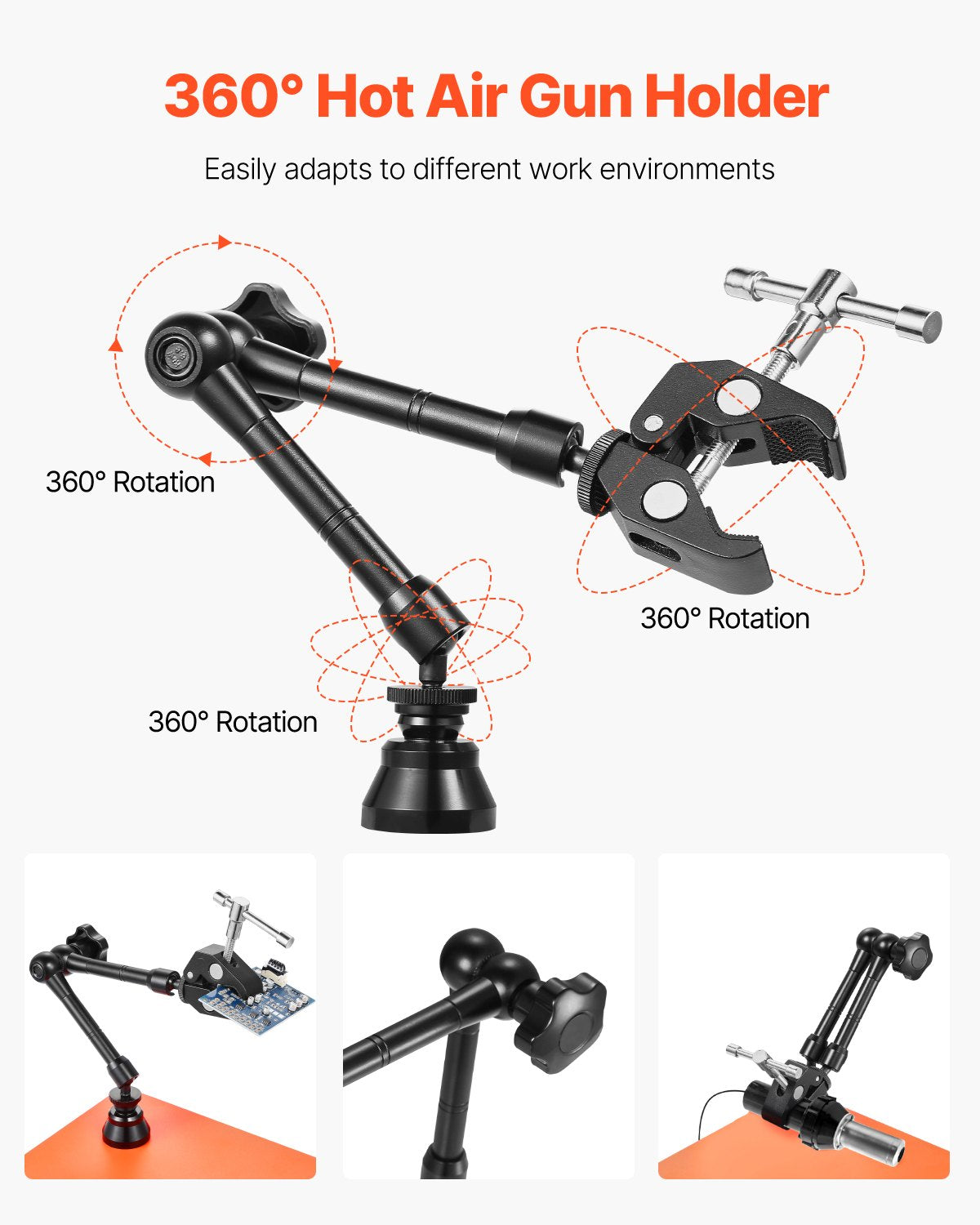 Magnetisk lödstation med hjälpande händer, 4-armars tredjehandsverktyg, med skruvstäd, 3X LED-förstoringslampa, hållare för 4 kretskort och 360 varmluftspistolhållare, lödhjälp för elektronikreparation, hantverk, hobby, gör-det-själv