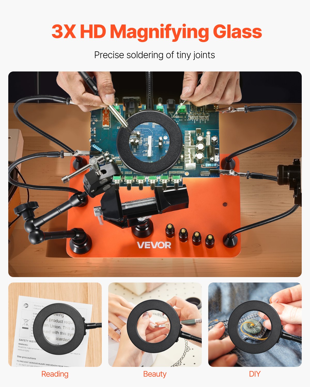 Magnetisk lödstation med hjälpande händer, 4-armars tredjehandsverktyg, med skruvstäd, 3X LED-förstoringslampa, hållare för 4 kretskort och 360 varmluftspistolhållare, lödhjälp för elektronikreparation, hantverk, hobby, gör-det-själv