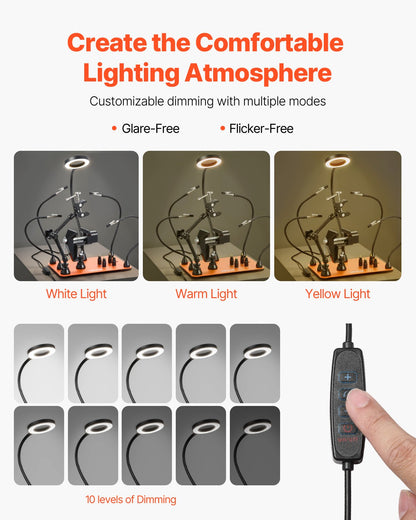 Magnetisk lödstation med hjälpande händer, 4-armars tredjehandsverktyg, med skruvstäd, 3X LED-förstoringslampa, hållare för 4 kretskort och 360 varmluftspistolhållare, lödhjälp för elektronikreparation, hantverk, hobby, gör-det-själv