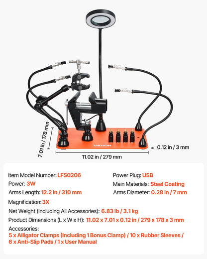 Magnetisk lödstation med hjälpande händer, 4-armars tredjehandsverktyg, med skruvstäd, 3X LED-förstoringslampa, hållare för 4 kretskort och 360 varmluftspistolhållare, lödhjälp för elektronikreparation, hantverk, hobby, gör-det-själv