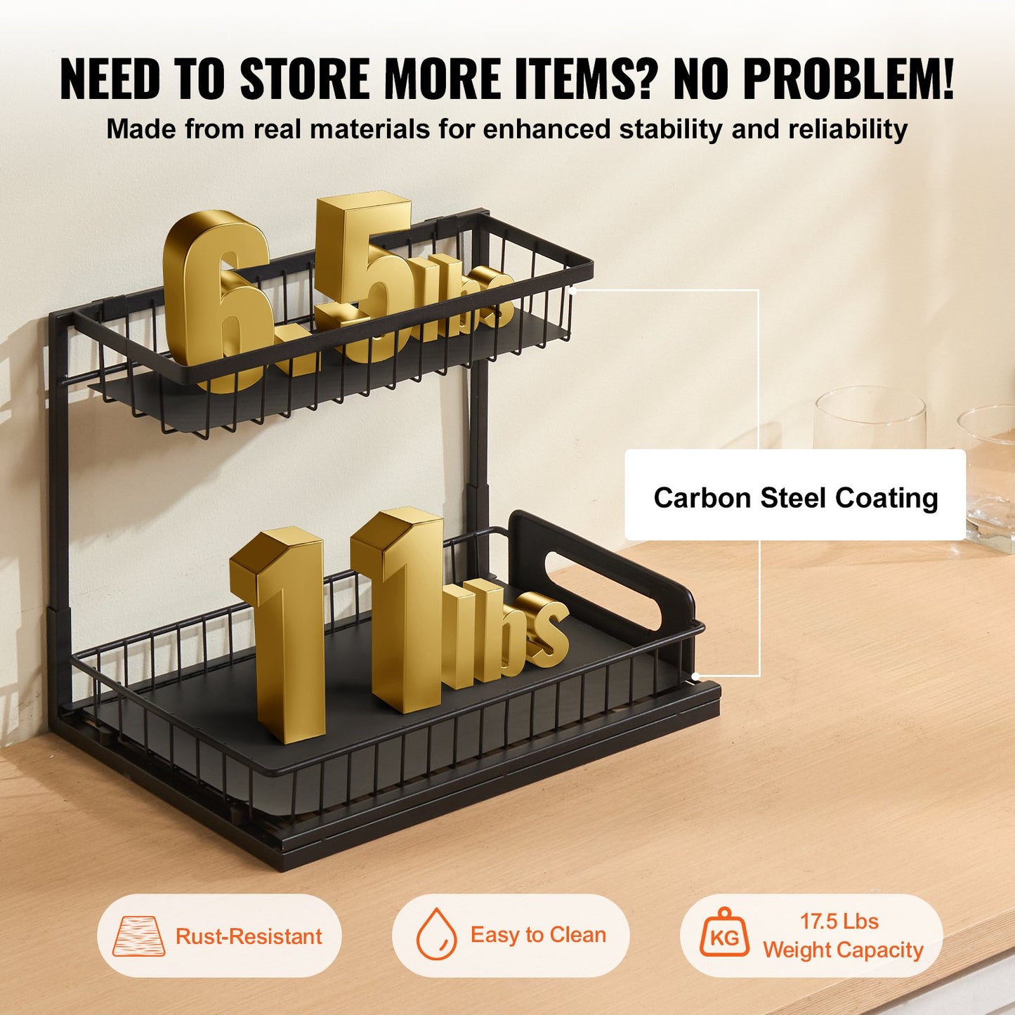 2 Tier Pull Out Cabinet Organizer(10.7"W x 14.2"D ), Under Sink Organizer and Storage, Slide Out Drawer Cabinet Organizer, Wire Basket Sliding Shelf, 12.5"Wx15.5"Dx13"H Install Size for Cabinet