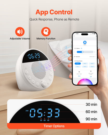 Sound Machine, 18 Soothing Sleep Sounds, 7-Color Night Light, 6-in-1 White Noise Sound Machine with Dual Alarms, APP, Auto-Off Timer and Memory Function, for Baby, Adults, Home, Office & Travel