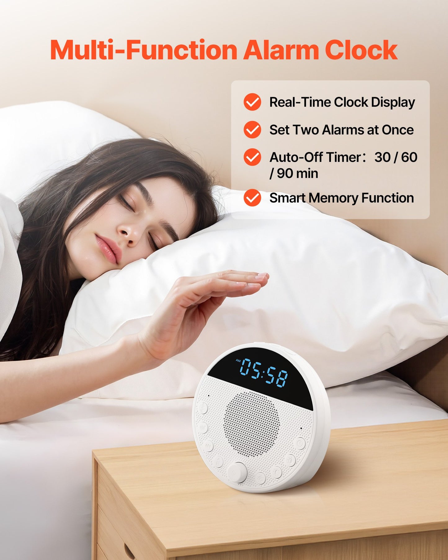 Sound Machine, 18 Soothing Sleep Sounds, 7-Color Night Light, 6-in-1 White Noise Sound Machine with Dual Alarms, APP, Auto-Off Timer and Memory Function, for Baby, Adults, Home, Office & Travel