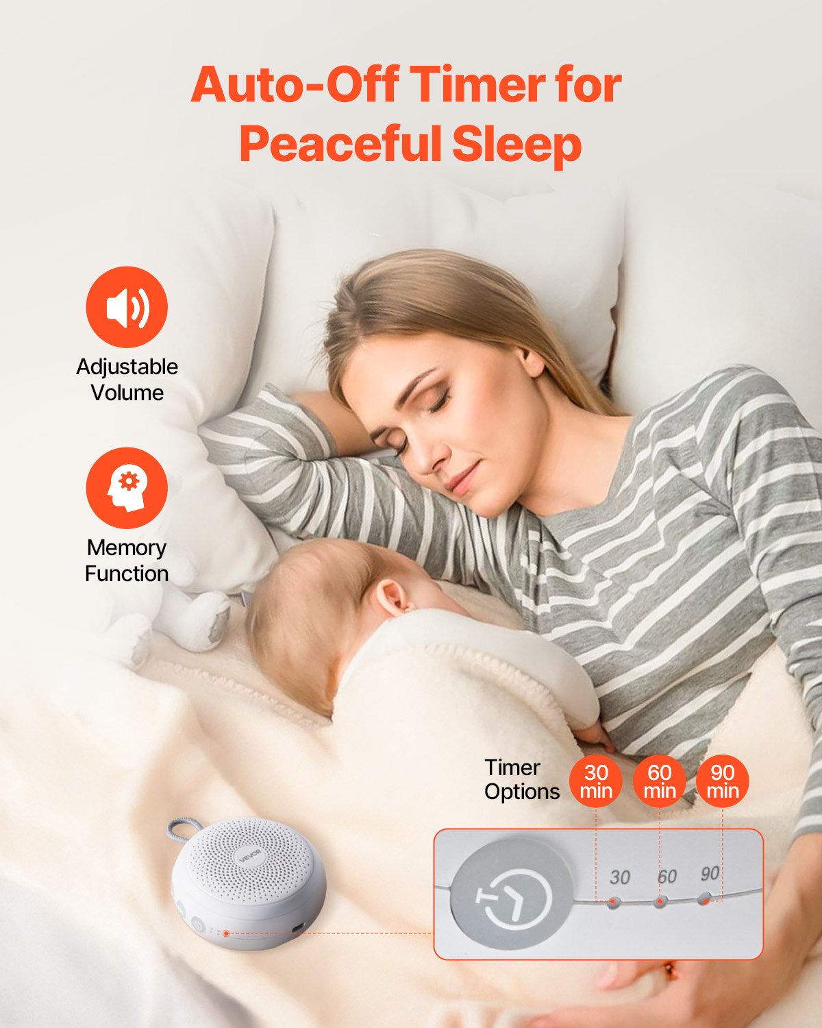 Sound Machine, 20 Soothing Sleep Sounds, 4-in-1 Hangable White Noise Sound Machine with Auto-Off Timer, Soft Ring Light, Memory Function and Child Lock, for Baby, Adults, Home, Office & Travel