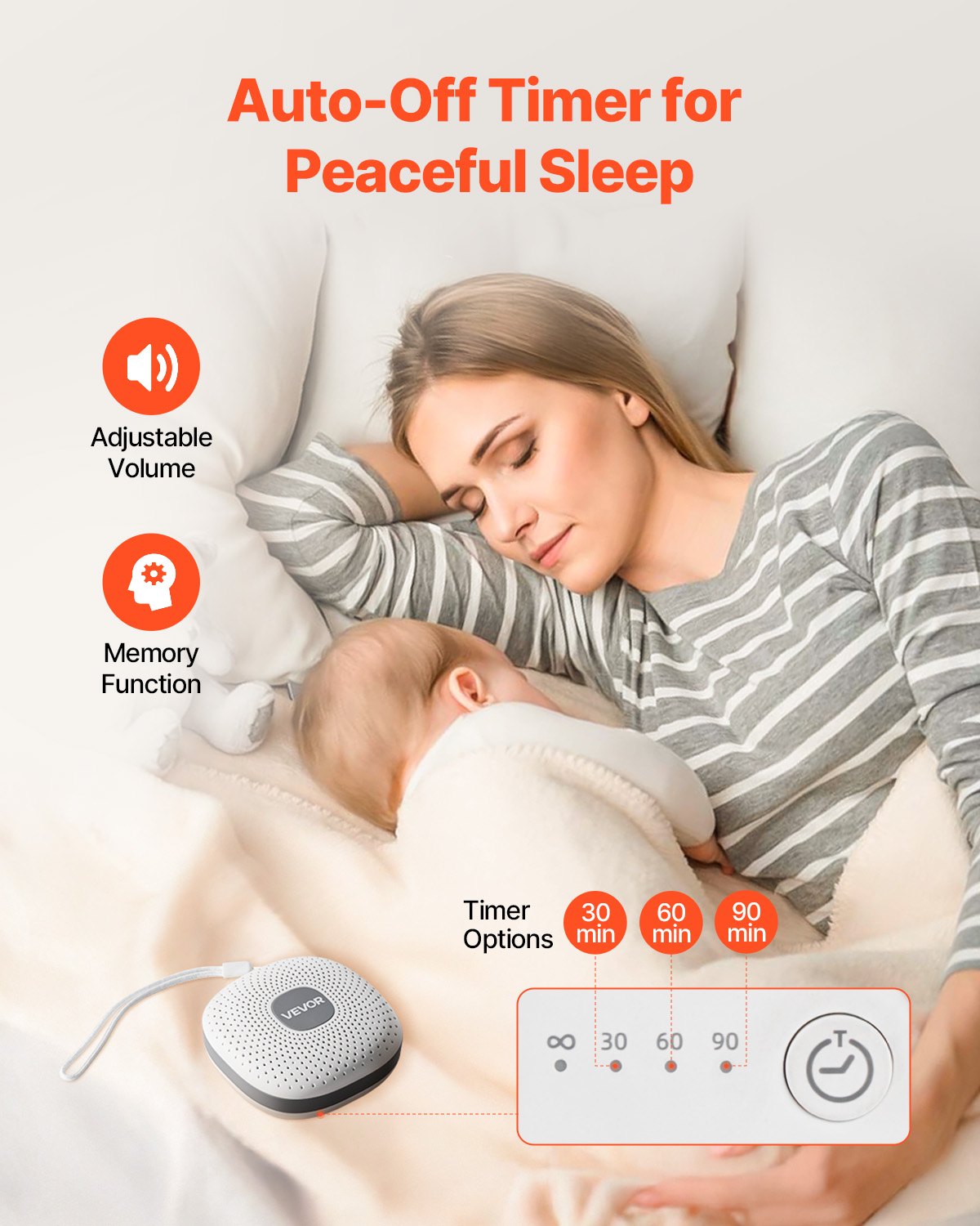 Sound Machine, 21 Soothing Sleep Sounds, 3-in-1 Portable and Hangable White Noise Sound Machine with Auto-Off Timer, Soft Ring Light and Memory Function, for Baby, Adults, Home, Office & Travel