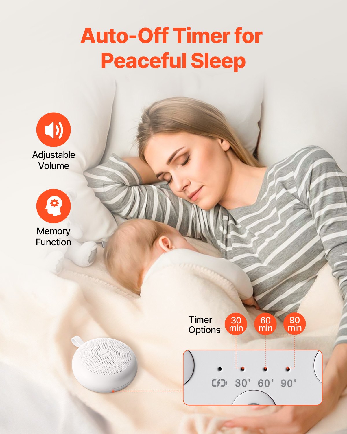 Sound Machine, 30 Soothing Sleep Sounds, 3-in-1 Portable and Hangable White Noise Sound Machine with Auto-Off Timer, Soft Ring Light and Memory Function, for Baby, Adults, Home, Office & Travel