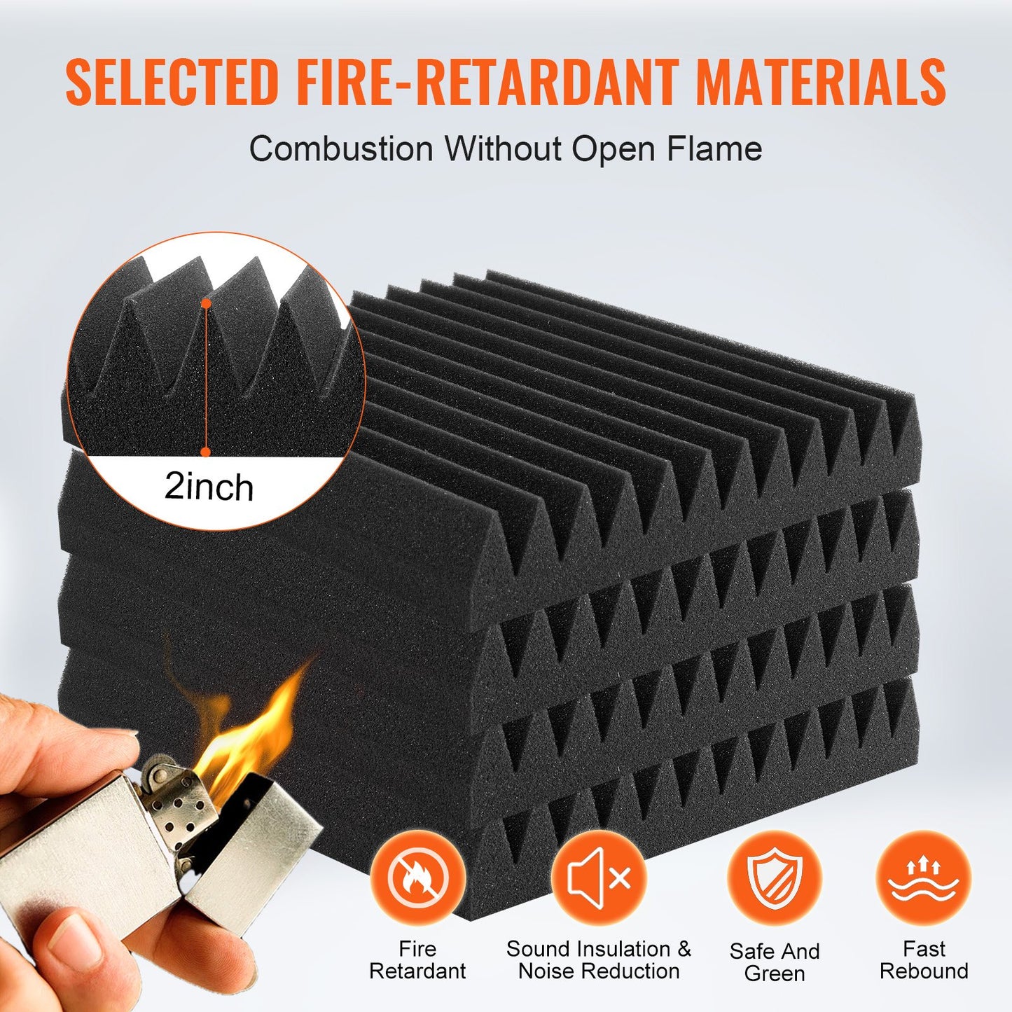 Akustiska skumpaneler, 50-pack 12 x 12 x 2 tum, ljudisolerade väggpaneler med hög densitet, brandsäkra akustiska paneler, ljuddämpande paneler för studioväggar och tak, svart