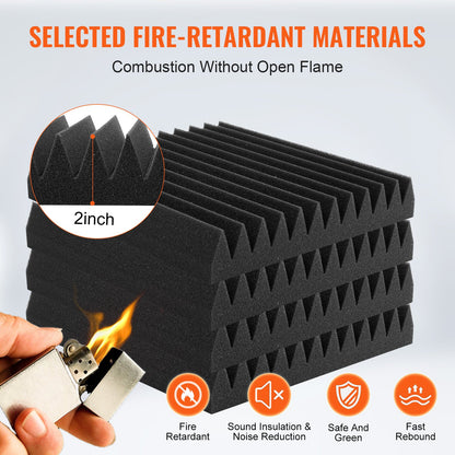 Akustiska skumpaneler, 50-pack 12 x 12 x 2 tum, ljudisolerade väggpaneler med hög densitet, brandsäkra akustiska paneler, ljuddämpande paneler för studioväggar och tak, svart