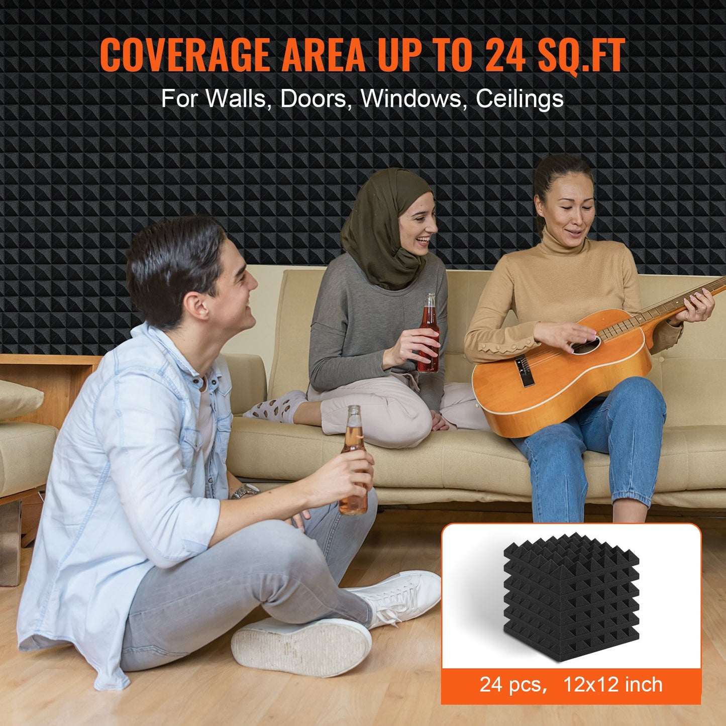 Acoustic Foam Panels, 24 Pack 12 x 12 x 2 inches, Pyramid Soundproof Wall Panels,Fire-Resistant Acoustic Panels,Sound Dampening Absorbing Panels for Studio Wall and Ceiling,Black