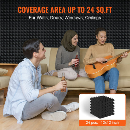 Acoustic Foam Panels, 24 Pack 12 x 12 x 2 inches, Pyramid Soundproof Wall Panels,Fire-Resistant Acoustic Panels,Sound Dampening Absorbing Panels for Studio Wall and Ceiling,Black