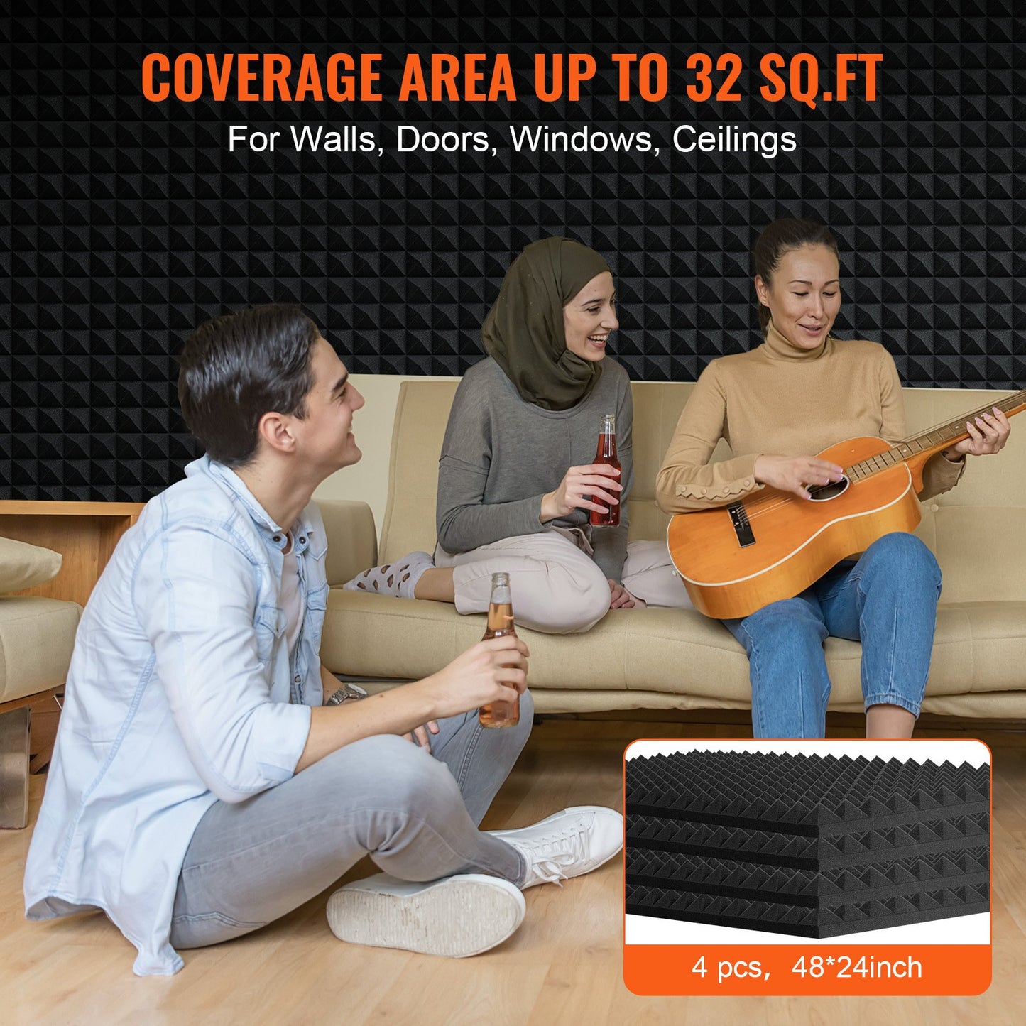 Acoustic Foam Panels, 4 Pack 48 x 24 x 2 inches, Pyramid Designed Soundproof Wall Panels,Fire-Resistant Acoustic Panels,Sound Dampening Absorbing Panels for Studio Wall and Ceiling,Black