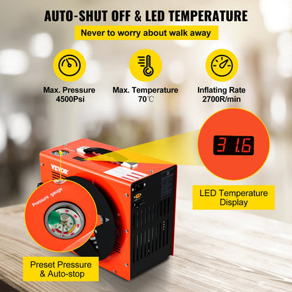 PCP Air Compressor, 350W 2700 RPM Portable Diving Compressor, 4500 Psi High Pressure with 8 mm Quick Connector & Built-in Cooling Fan, 1.5L Tank Auto-shutoff Design Powered by Home & Car Battery