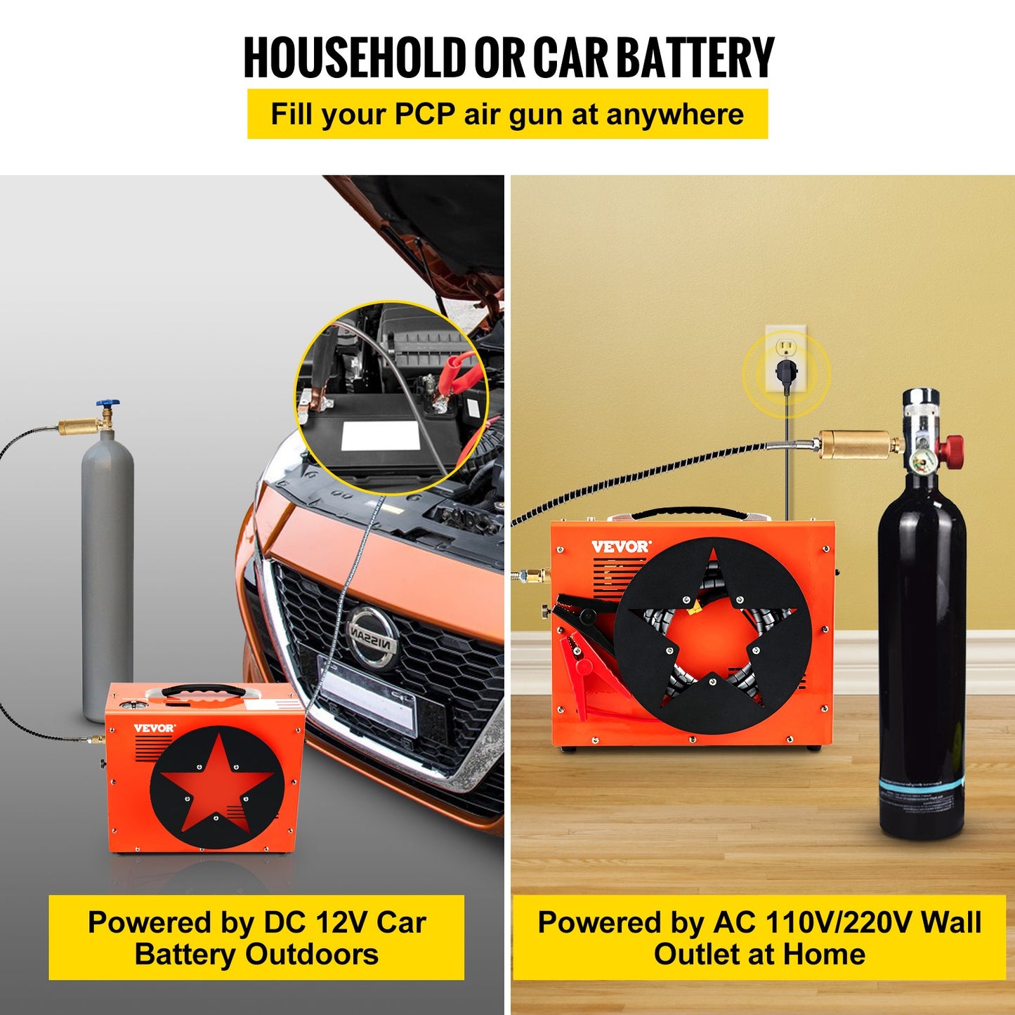 PCP Air Compressor, 350W 2700 RPM Portable Diving Compressor, 4500 Psi High Pressure with 8 mm Quick Connector & Built-in Cooling Fan, 1.5L Tank Auto-shutoff Design Powered by Home & Car Battery