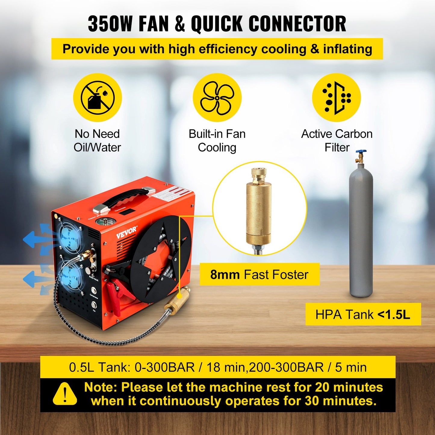 PCP Air Compressor, 350W 2700 RPM Portable Diving Compressor, 4500 Psi High Pressure with 8 mm Quick Connector & Built-in Cooling Fan, 1.5L Tank Auto-shutoff Design Powered by Home & Car Battery