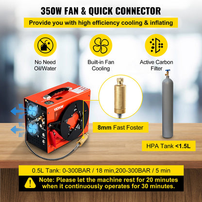 PCP Air Compressor, 350W 2700 RPM Portable Diving Compressor, 4500 Psi High Pressure with 8 mm Quick Connector & Built-in Cooling Fan, 1.5L Tank Auto-shutoff Design Powered by Home & Car Battery