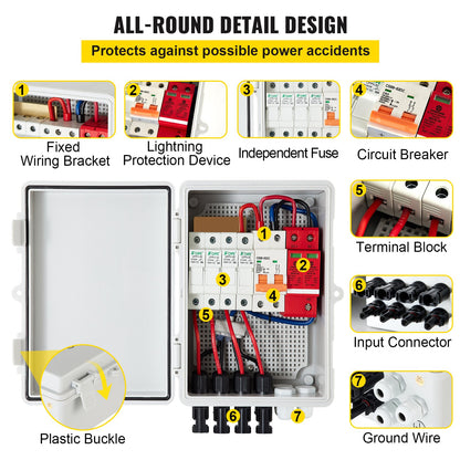 PV Combiner Box, 4 String, Solar Combiner Box with 15A Rated Current Fuse, 63A Circuit Breaker, Lightning Arreste and Solar Connector, for On / Off Grid Solar Panel System, IP65 Waterproof