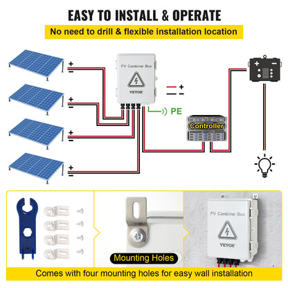 PV Combiner Box, 4 String, Solar Combiner Box with 15A Rated Current Fuse, 63A Circuit Breaker, Lightning Arreste and Solar Connector, for On / Off Grid Solar Panel System, IP65 Waterproof