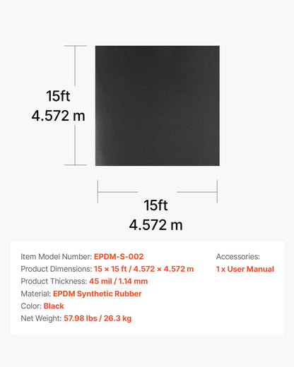 Roll Roofing, 15 x 15 ft, 45 mil EPDM Rubber Roofing, Long Lifespan & Weather-resistant, Withstands Harsh Temperatures, Flexible & Easy Installation, Roof Underlayment for RVs, Roofs, Ponds