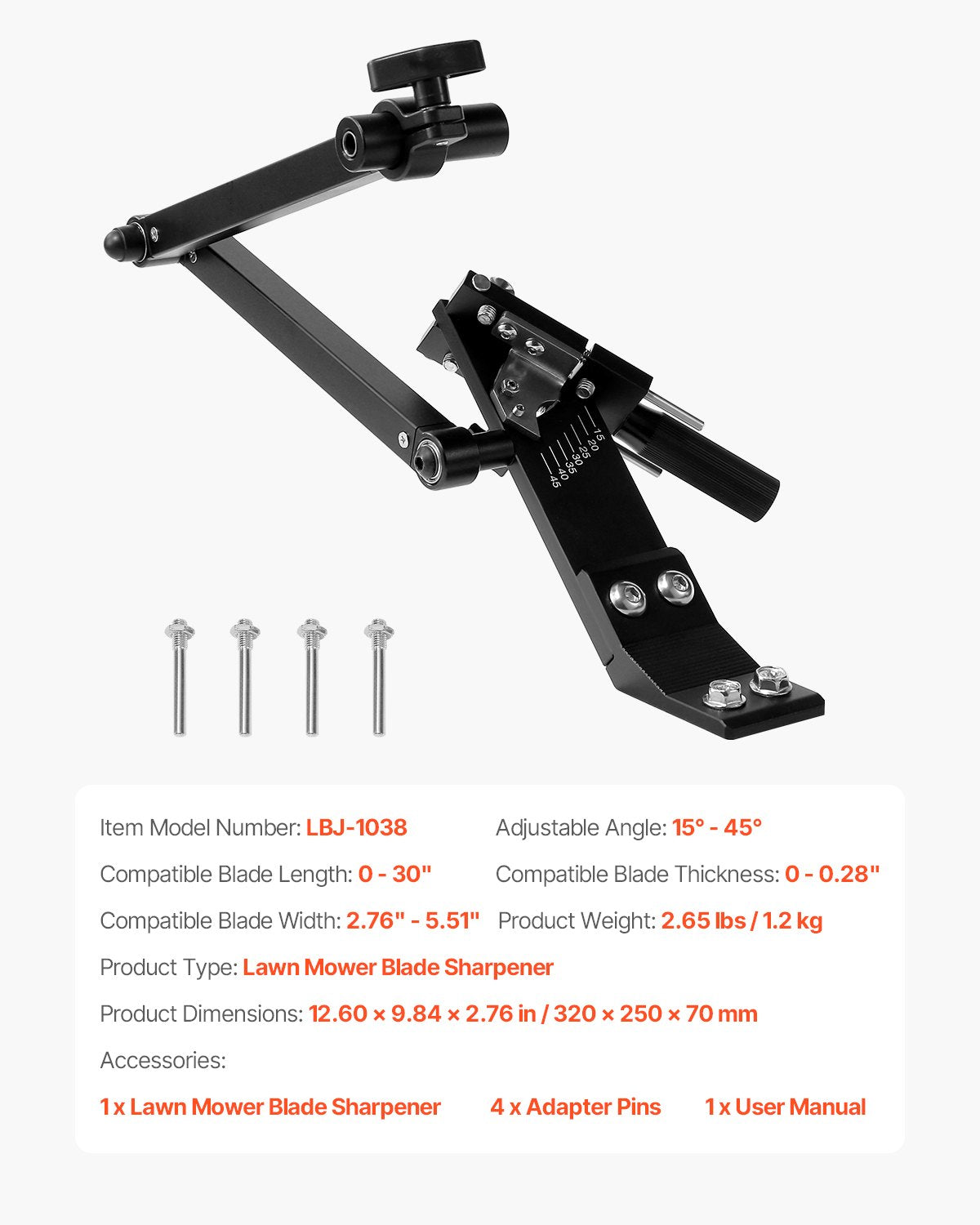 Gräsklipparknivslipare, 15° - 45° justerbart gräsklipparknivslipverktyg med 4 adapterstift, kullagerdesign och 25 mm förstorat handtag, kompatibel med de flesta vinkelslipar